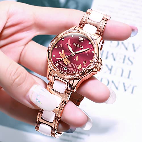 OLEVS Rose Gold Women's Watches, Ceramic Stainless Steel Band, Automatic Mechanical Watch, Waterproof Luminous Pointer Calendar, Diamonds Elegant Watches for Women, Red/Blue/White Dial [No Battery]