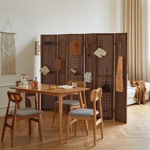 4 Panel Room Divider with Shelves, 5.6Ft Pegboard Display with 16 Hooks,Soild Wood Room Divider, Folding Privacy Screen, Freestanding Display for Hoom Store (Natural)