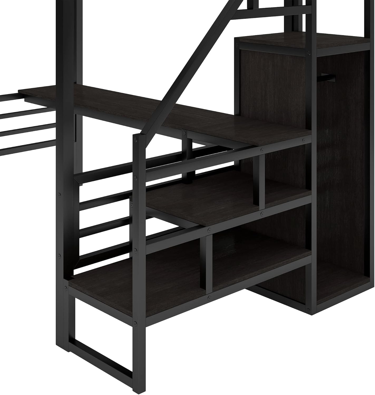 Multifunctional Design Full Size Metal Loft Bed with Desk, Convertible Storage Staircase and Small Wardrobe, Full-Length Guardrails on Upper Bed, 94.3" L x 56.5" W x 70" H Black