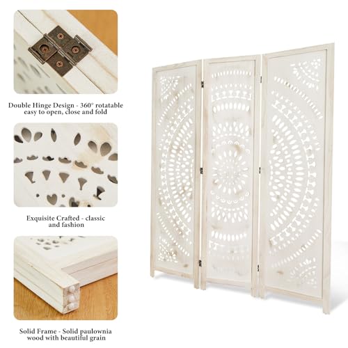Room Divider Wood Carved Wall Divider Indoor Folding Bohemian Style Portable Partition Screen for Home Office Garden Terrace - 6 Panels (Antique, White-Washed)
