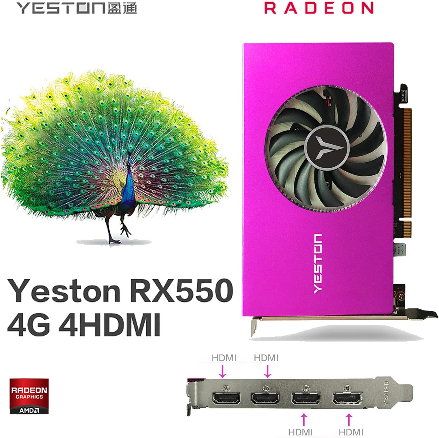 Yeston AMD Radeon RX550 4GB GDDR5 Computer PC Gaming Video Graphics Card 4Hdmi 6000mhz 128-Bit DirectX 12 PCI Express 3.0 GPU for Gaming PC Active Transfer VGA 4 Screen Single Slot Graphics Card