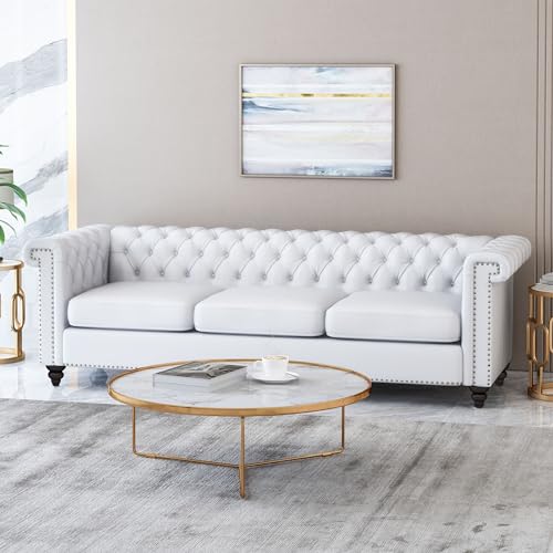 Chesterfield Sofa White PU Leather - 3-Seater Sofas for Living Room Button Tufted Tufted Sofa Couch Furniture for Living Room Bedroom Office Nailhead Upholstered Couches Minimalis Light Luxury