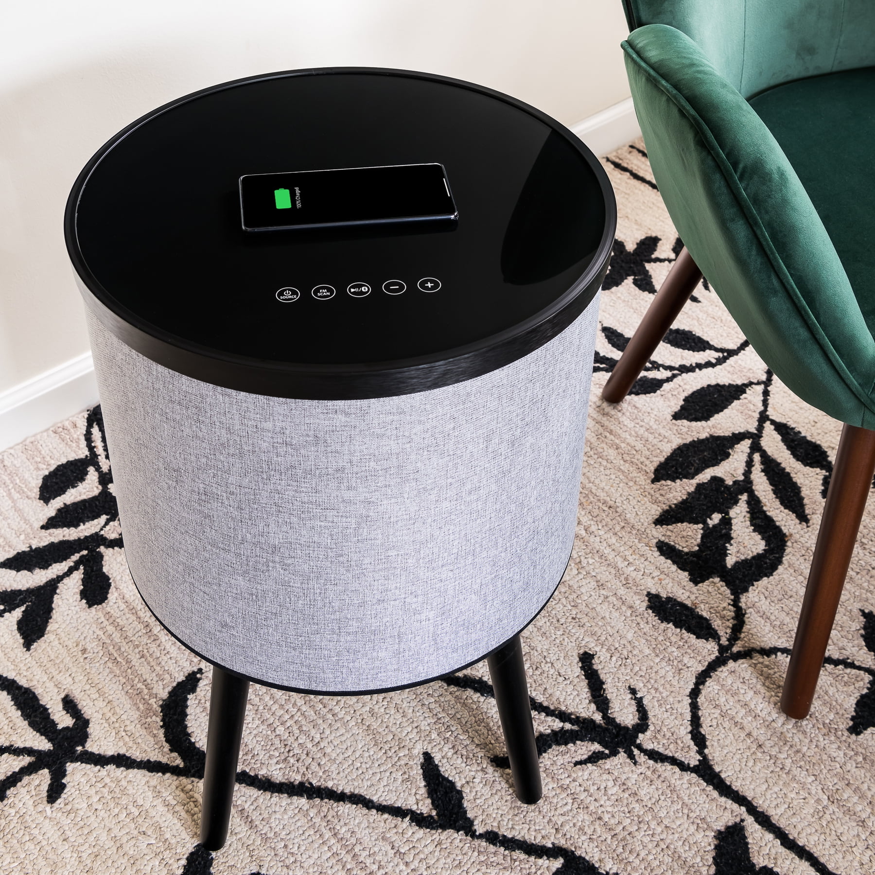 DecorTech Round Bluetooth Speaker End Table with Wireless Charging, Gray