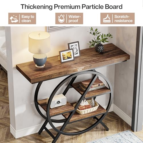 Tribesigns Console Table, 39.4-Inch Entryway Table with Thickened Tabletop, 4- Tier Industrial Narrow Hallway Sofa Table with Geometric Metal Frame for Living Room, Entryway, Rustic Brown