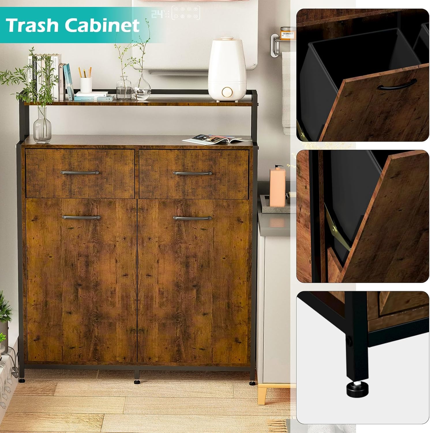 Dual Tilt Out Trash Cabinet, Hidden Trash Bin Cabinet with 2 Drawers and Shelf, Large Kitchen Trash Bin Cabinet MDF board, Laundry Hamper Cabinet Free Standing Holder 10 Gallon