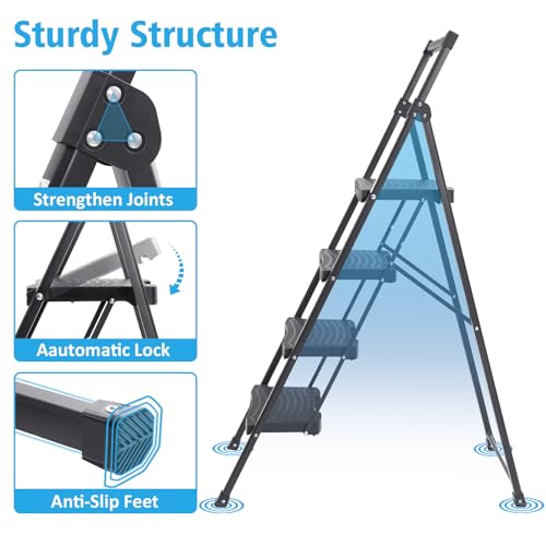 KINGRACK 5 Step Ladder with Tool Platform, Sturdy Step Stool with Handrail, Folding Steel Ladder with Wide Pedal, Safety Ladder for Adults Home Outdoor Painting Garage