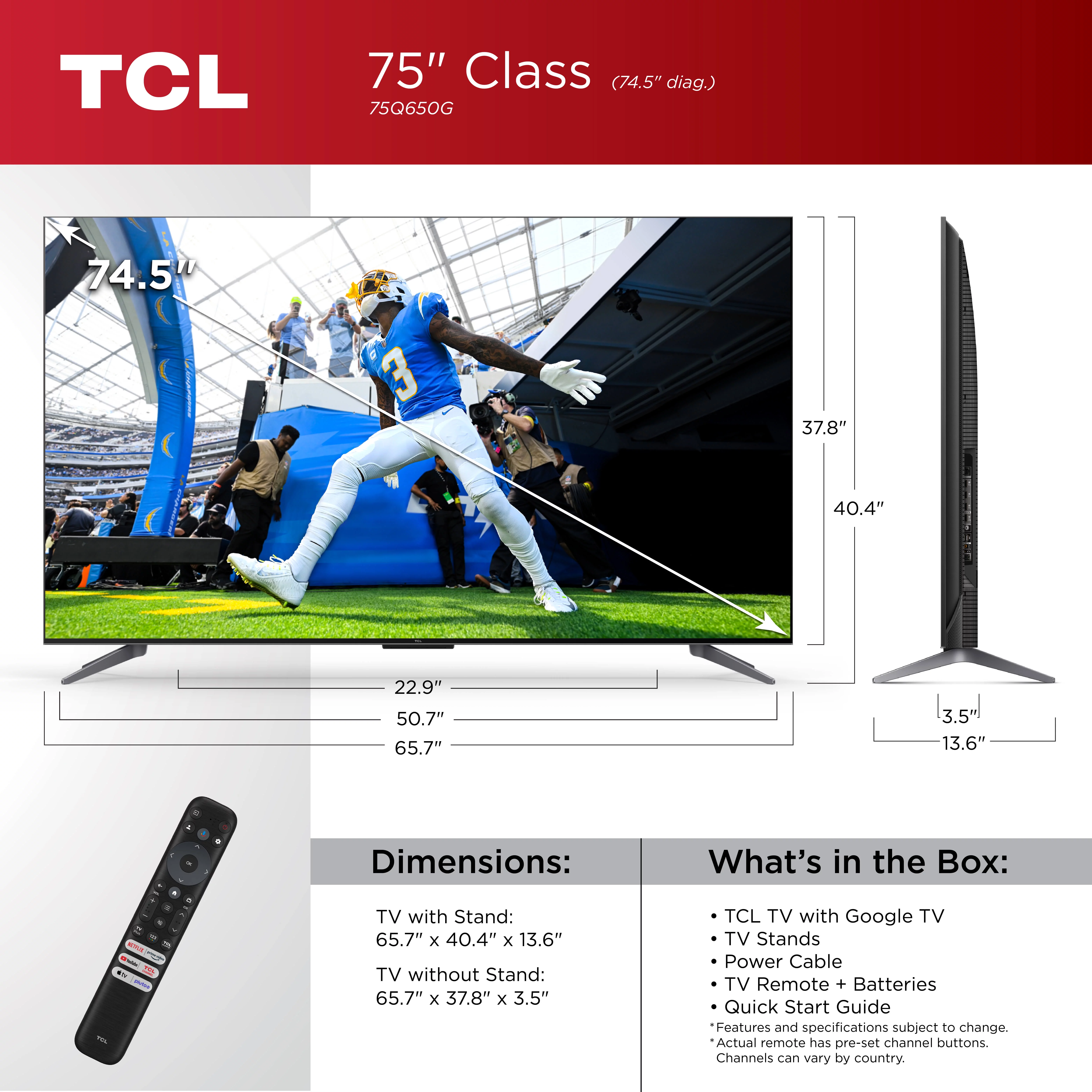 TCL 75” Class Q Class 4K QLED HDR Smart TV with Google TV, 75Q650G