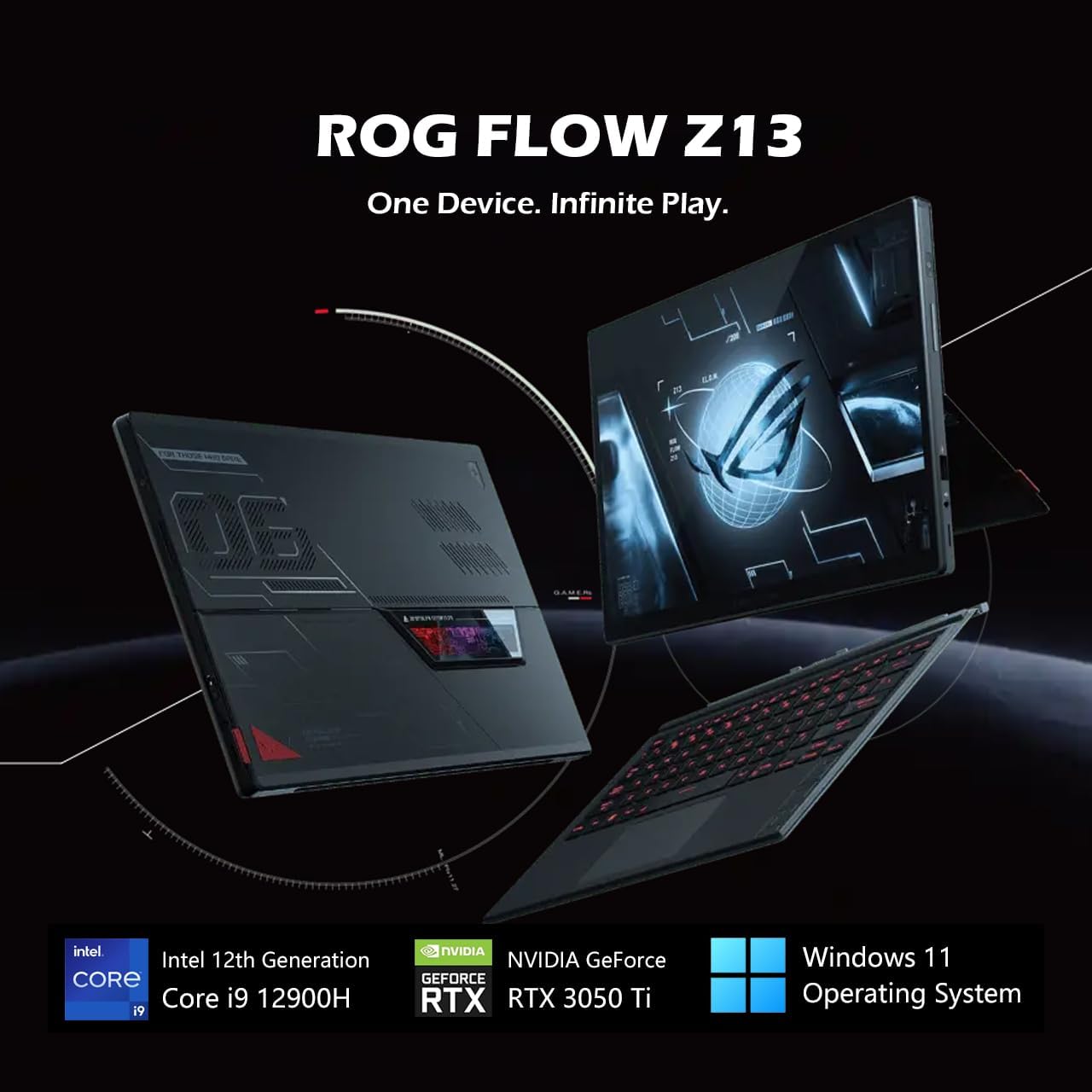 Asus ASUS ROG 13.4" Touchscreen 2-in-1 Gaming Tablet, 170-degree adjustability, 16GB RAM, Intel Core i9-12900H, 1TB SSD, NVIDIA GeForce RTX 3050 Ti V4G Graphics, Backlit KB, Win11, Black, W/GaLiMu
