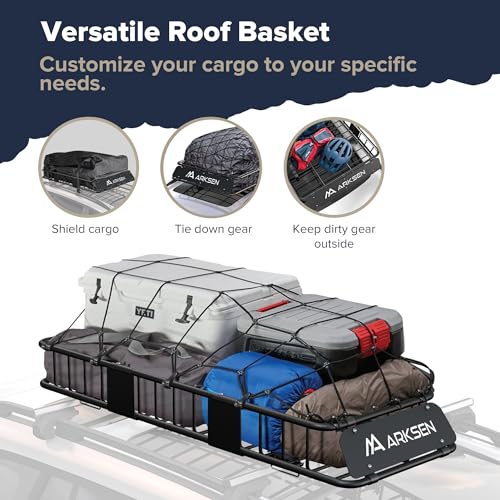 ARKSEN Roof Rack Skinny Cargo Carrier with Basket & Net, Heavy Duty Weather Resistant Top Mount Cargo Rack, Luggage & Camping Gear Storage for Car, Truck or SUV Transport