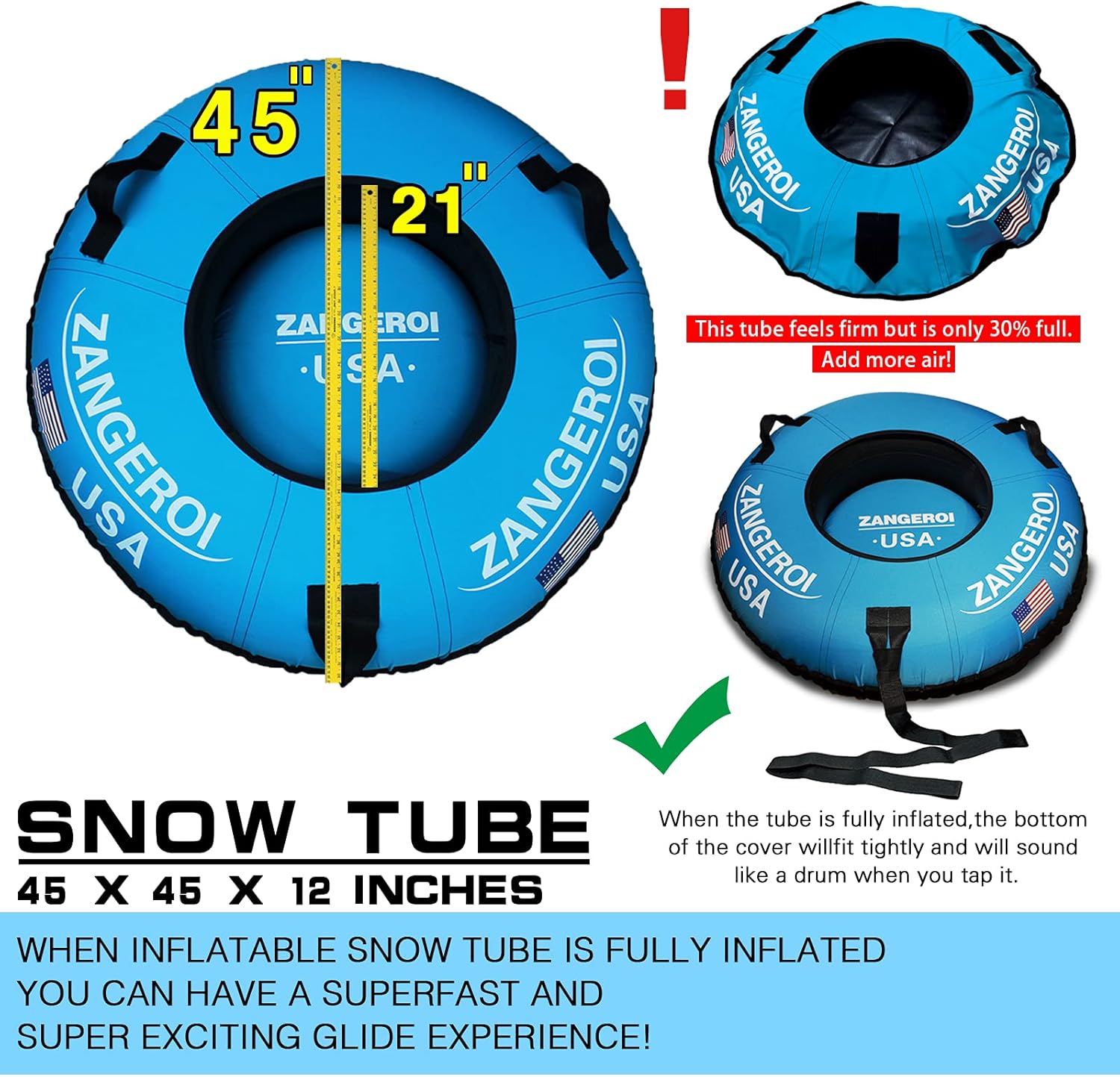 Snow Tube Snow Tubes Heavy Duty Snow Tube for Kids Adult Snow Tube 45inch, Snow Sled Sledding Tube, Inflatable Snow Tube for Kids Snow Tubes for Sledding Towable Double Rubber Snow Tube with Cover
