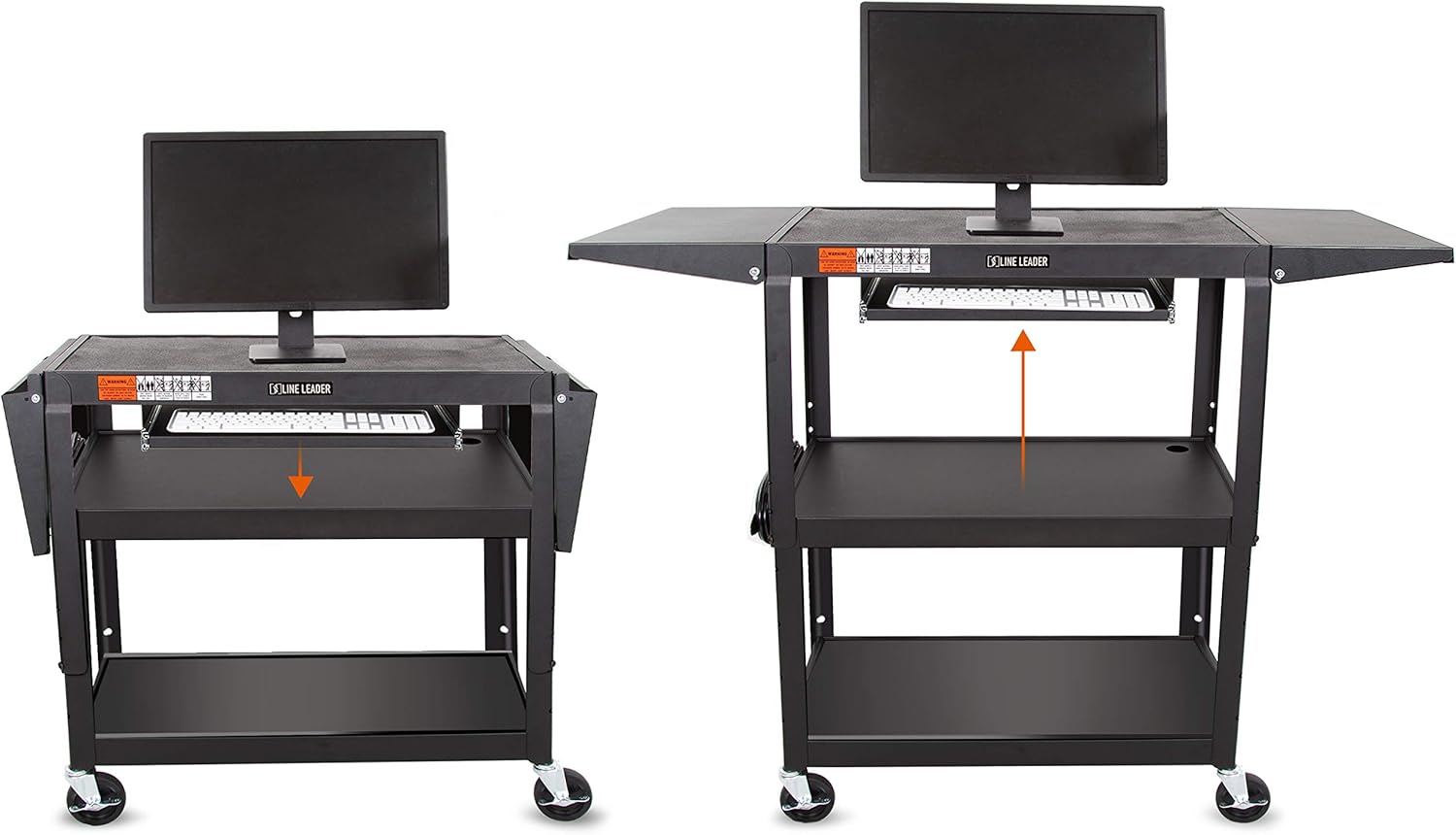 Line Leader Large AV Cart with Drop Leaves | Height Adjustable Utility Cart | Includes Pullout Keyboard Tray & Cord Management | Easy Assembly (54in x 18in x 42in / Black)