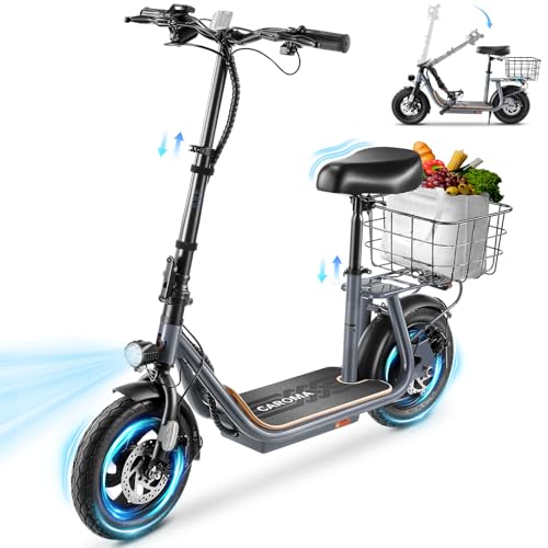 Caroma Peak 800W/1200W Electric Scooter Adults, 30 Miles Max Range, Foldable Electric Scooter with Seat, Front Suspension, Detachable Large Basket,Commuter E-Scooter for Adult and Teens