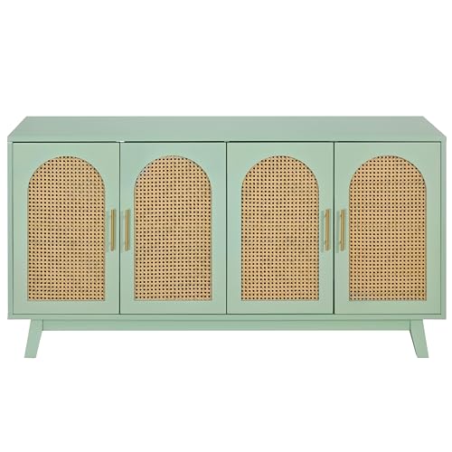 Sideboard Accent Storage Cabinet with Rattan Decorated 4 Doors Modern Freestanding Kitchen Buffet Table Cupboard Accent Cabinet for Dinging Room, Living Room, Entryway,Mint Green, M042310