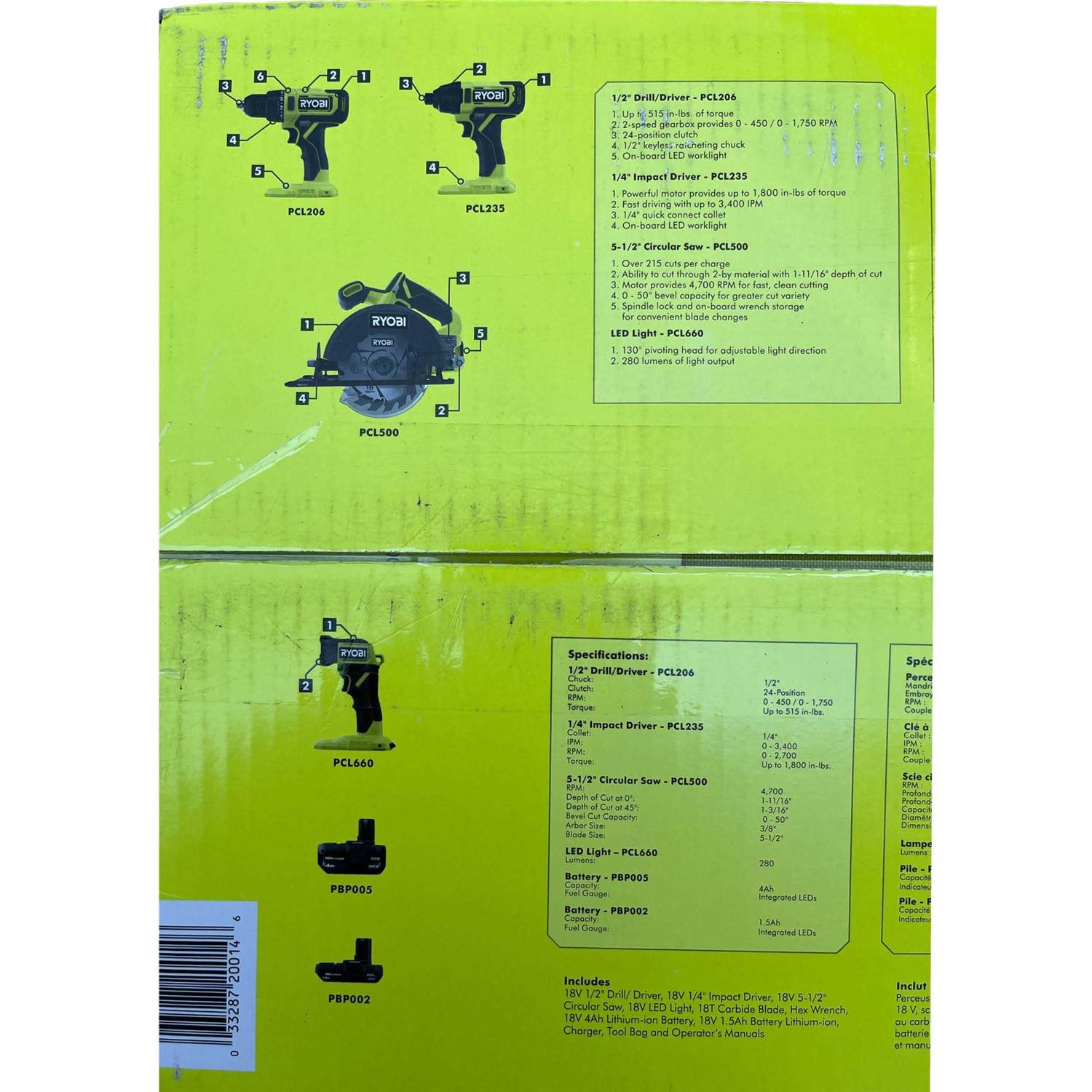 Ryobi Pcl1400k2 One+ 18V Cordless 4-Tool Combo Kit with 1.5 Ah Battery, 4.0 Ah Battery, and Charger - Shop Hardware Tools Online Store