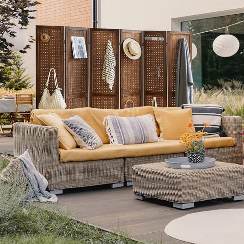 4 Panel Room Divider with Shelves, 5.6Ft Pegboard Display with 16 Hooks,Soild Wood Room Divider, Folding Privacy Screen, Freestanding Display for Hoom Store (Natural)