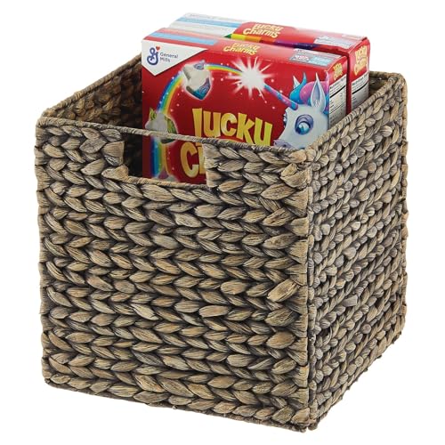 mDesign Natural Woven Hyacinth Cube Organizer Basket with Handles - Storage for Kitchen Cabinet or Pantry Shelf, Perfect for Cubby Storage Units, Holds Snacks or Small Appliances, 8 Pack, Black Wash