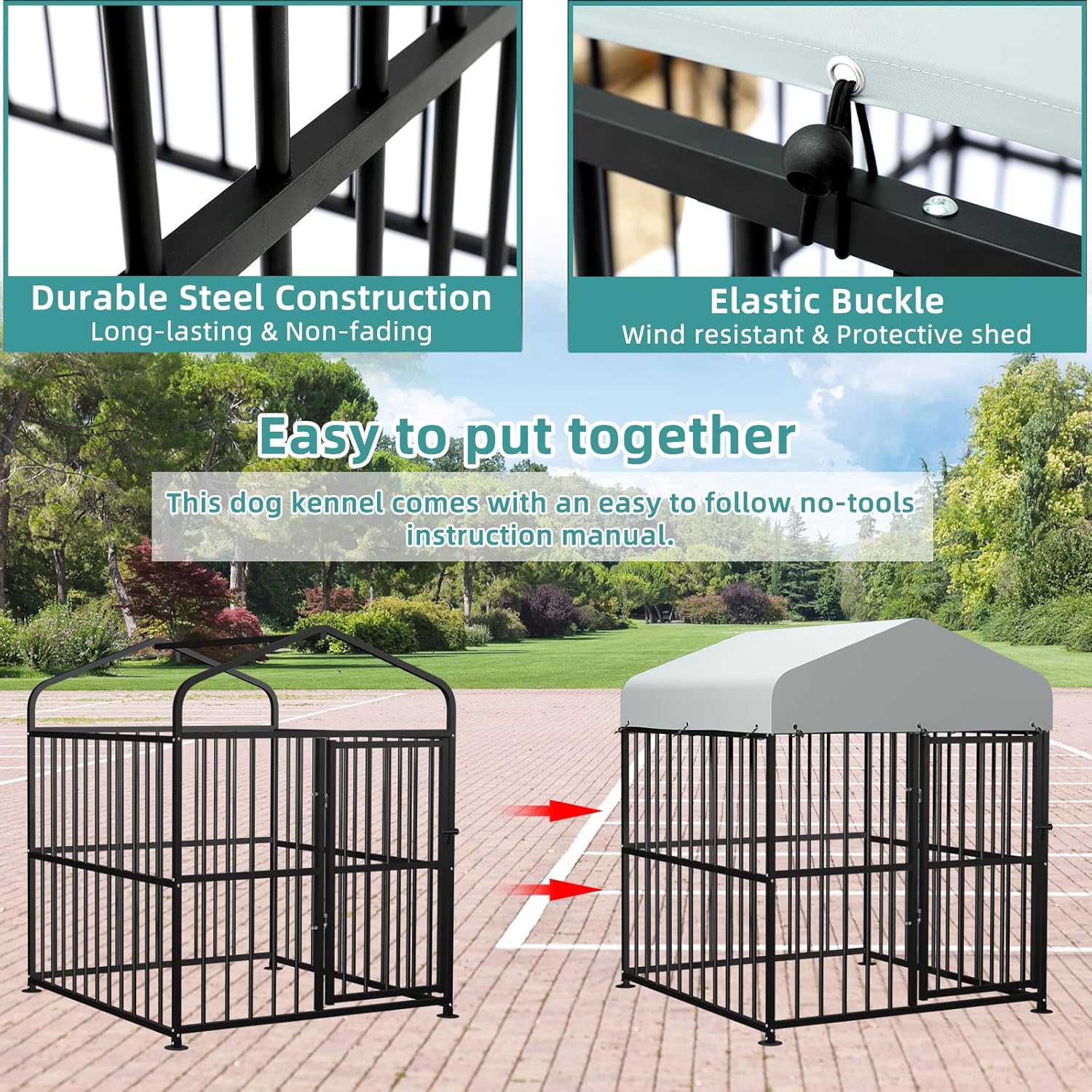 MEETWARM Large Outdoor Dog Kennel, Metal Heavy Duty Outdoor Indoor Pet Playpen, Anti-Rust Dog Pens Outdoor Dog Fence with Anti-UV & Waterproof Top Cover and Secure Lock for Backyard, 4'L x 4'W x 5'H