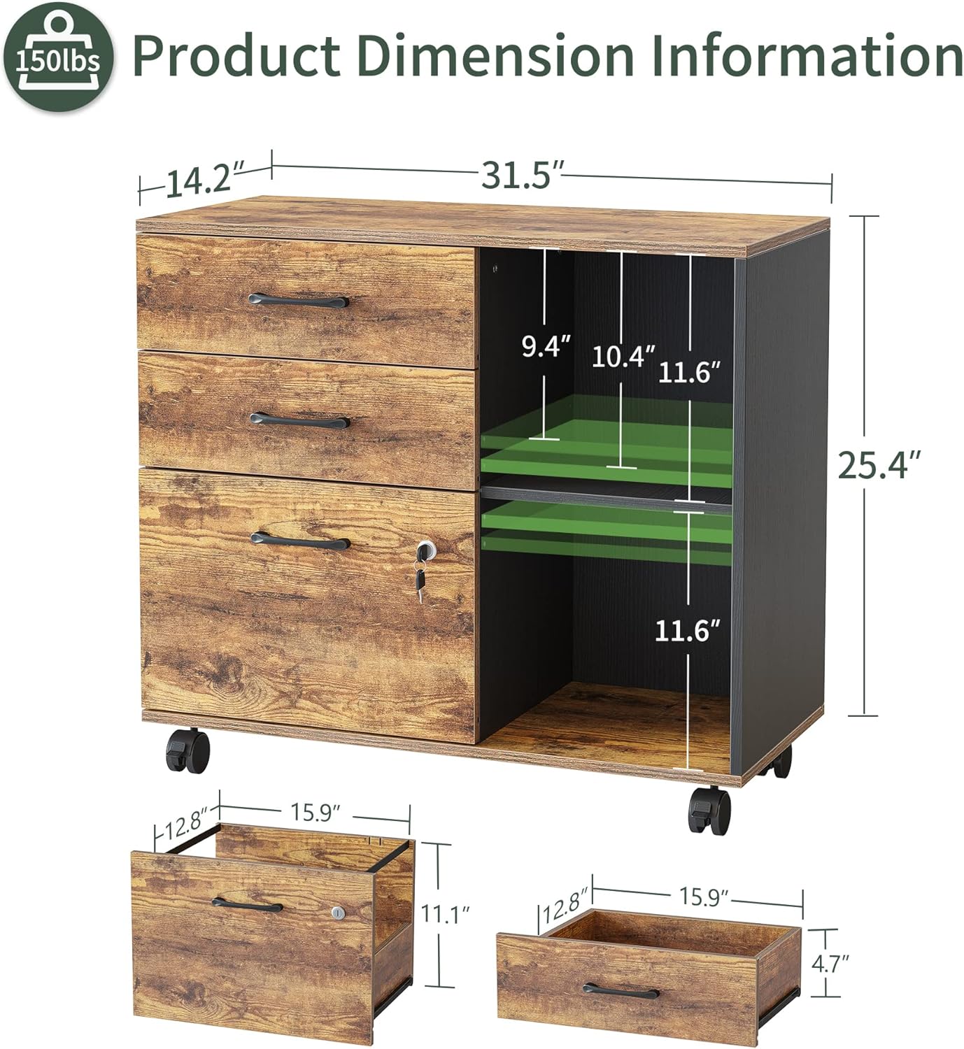 FEZIBO Triple Motor L-Shaped Electric Standing Desk with 3 Drawers, Stand up Desk, Height Adjustable Desk with 3 Drawer Lateral File Cabinet, 63 x 24 Inches Rustic Brown Top/Black Frame (2 Packages)