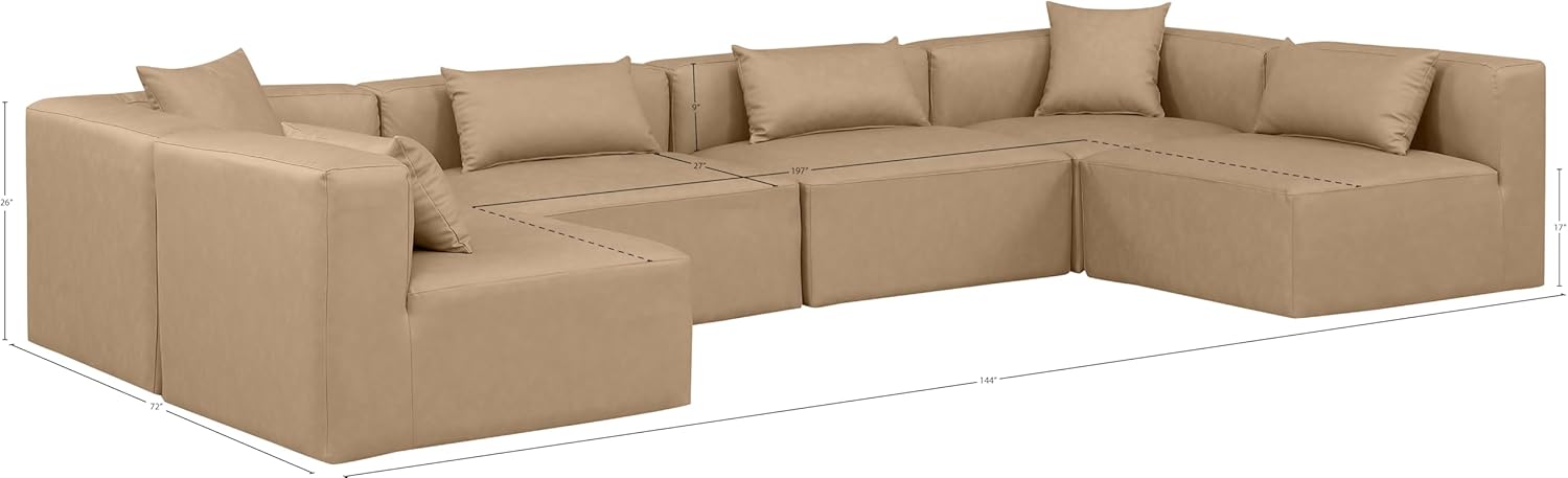 Meridian Furniture Cube Collection Modern | Contemporary Sectional with Soft Vegan Leather, Modular to Create Infinite Configurations, 144" W x 72" D x 26" H, Tan