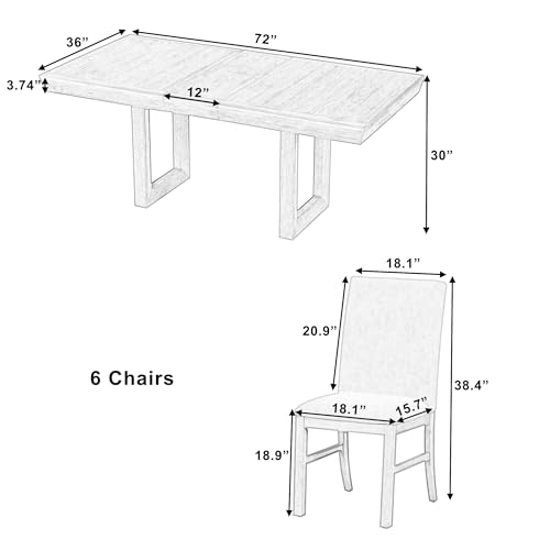 7-Piece Dining Table Set, Extendable Table with 12” Butterfly Leaf and 6 Upholstered Chairs, Wood Rectangular Dining Set, Mid-Century Kitchen Dining Table Set for 6 People (Brown)