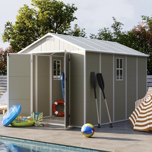 UDPATIO Outdoor Storage Shed 6 x 6 FT, Resin Garden Sheds with Floor Plastic Patio Outdoor Storage Shed with Lockable Door for Tool, Bike, Garbage Gray White