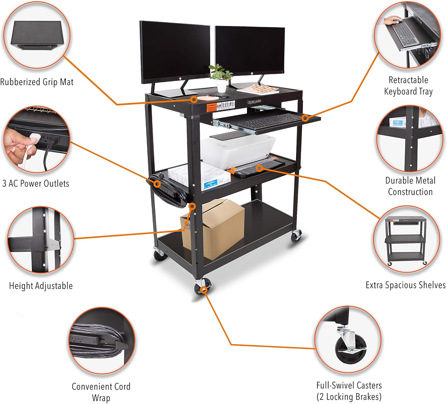 Line Leader Large AV Cart with Retractable Keyboard Tray | Height Adjustable Utility Cart | Includes Pullout Keyboard Tray & Cord Management | Easy Assembly (34in x 18in x 42in / Black)