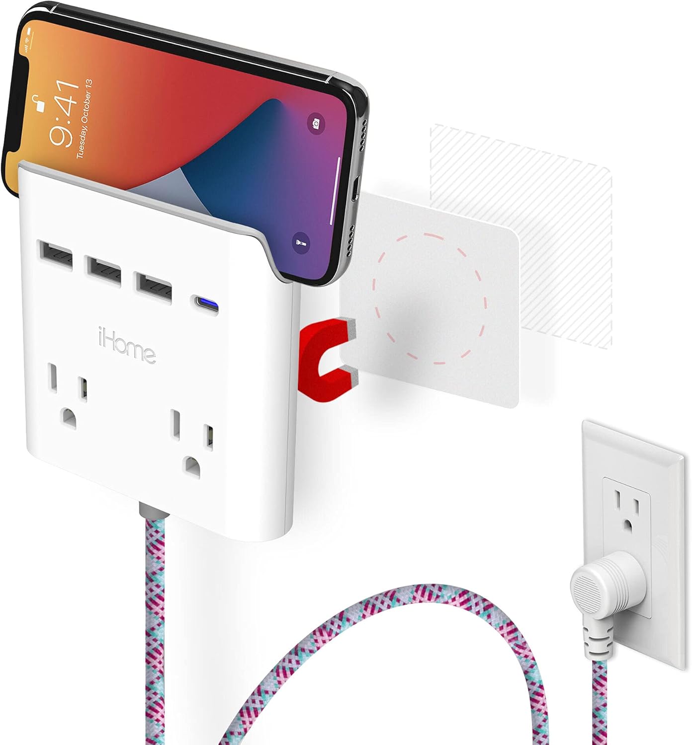 iHome Power Reach Multiple Plug Outlet Extender with 2 Outlets, 4-Port USB Wall Charger (1 USB C, 3X USB A), 6 Ft Extension Cord and Magnetic Wall Mount (Red/Green Cable) Pack of 2