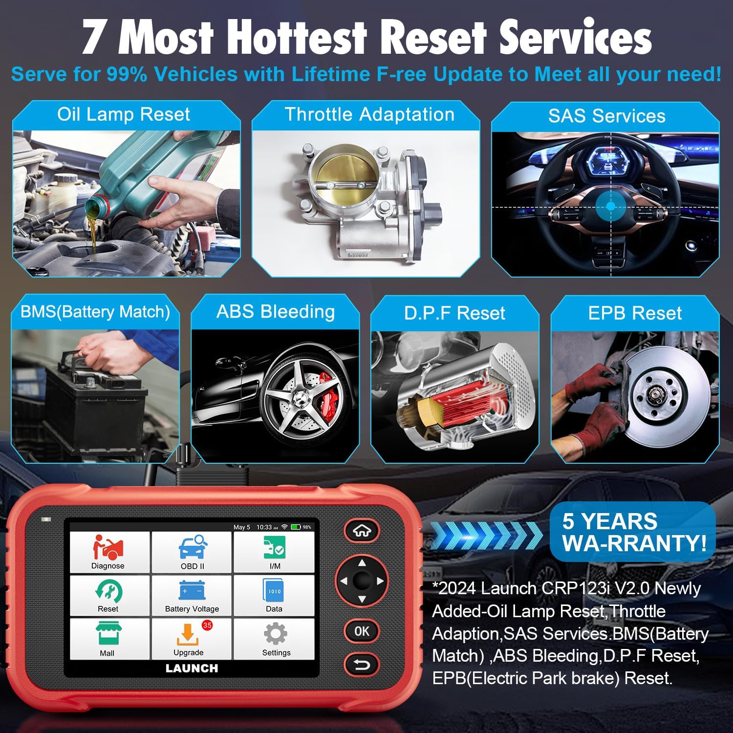 LAUNCH OBD2 Scanner CRP123i Elite Code Reader, 2024 Lifetime Free Update Car Diagnostic Tool for Multi Systems with Oil Reset, SAS Reset, Throttle Adaptation, FCA SGW, Battery Test, Auto VIN