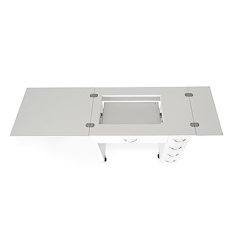 Arrow Classic Sewing Furniture Alice Compact Mid-Size Sewing Cabinet with Hydraulic Machine Lift, Drawers, Expandable Leaves, Locking Wheels - Ash White