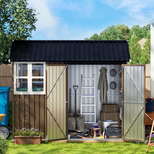 10X12X7.5 FT Outdoor Steel Storage Shed with Lockable Doors, 2 Windows, Transparent Roof Panels (Wood Panels & Frame Floor Not Included), Ideal for Patio Storage,Garbage Can, Chicken Coop，Brown