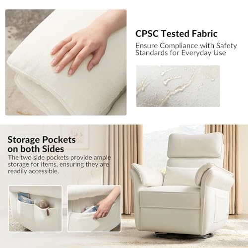 HULALA HOME Glider Recliner Nursery Chair with Adjustable Armrests & Headrest, Modern Power Recliner with USB Port & Storage Bags, Swivel Rocker Recliner for Nursing Room Bedroom, Grey