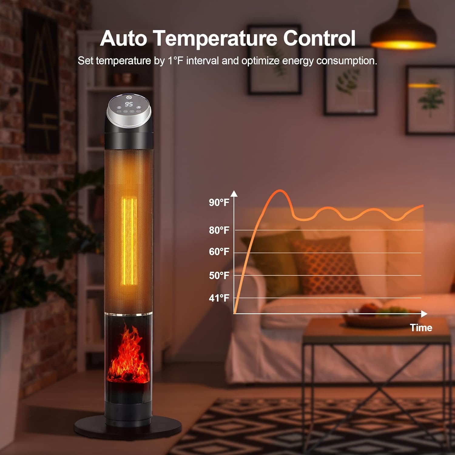 38" Space Heater, Heaters for Large Room, 1500W PTC Fast Heating Oscillating Ceramic Heater with Thermostat, 24H Timer, Remote, 3D Flame, Overheat & Tip-over Protection, for Home, Indoor Use (38 Inch)
