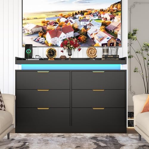 White Dresser with LED Lights, Wooden LED Dresser, 4 Drawer Chest with Charging Station, Tall Chest of Drawer Closet Organizer for Bedroom, Living Room, Entryway, Hallway