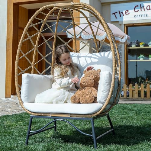 SWITTE Wicker Egg Chair Outdoor Indoor, Oversized Rattan Patio Lounge Chairs with Cushion for Backyard, Living Room, Steel Frame, 480lb Capacity-Cream