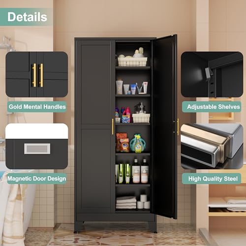 Metal Pantry Cabinet with 2 Doors and 5 Adjustable Shelves, 75" Kitchen Storage cabinets with Gold Handles, Versatile Storage for Laundry Room, Living Room, Bathroom, Dinning Room, Utility Room-White