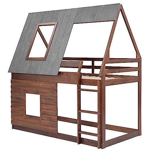 Twin Over Twin Bunk Bed House Shaped with Roof and 2 Windows, Wood Frame Floor BunkBed for Kids Boys Girls, Oak & Smoky Grey