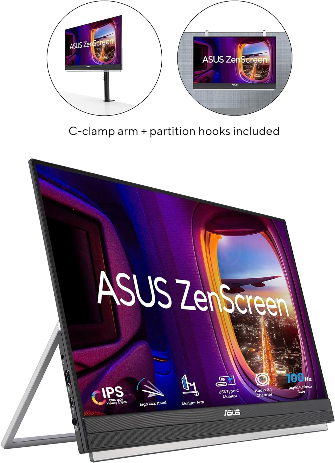 ASUS ZenScreen 22” (21.5 viewable) 1080P Portable Monitor (MB229CF) – Full HD, IPS, 100Hz, USB-C, Eye Care, Speakers, Carrying Handle, Kickstand, C-clamp Arm, Partition Hook, Subwoofer, 3 yr warranty