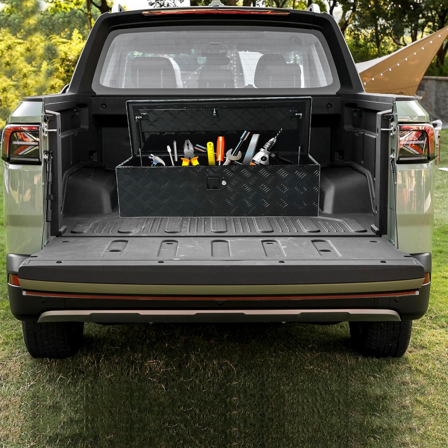 39" Heavy Duty Aluminum Stripes Plated Tool Box Pick Up Truck Bed RV Trailer Toolbox Storage Organizer with Side Handle, Lock and Keys - Black,ALL Black