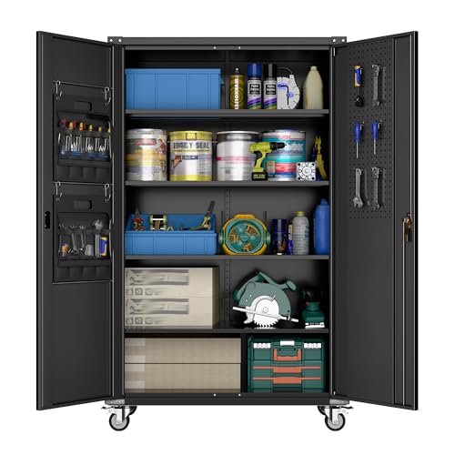 Aobabo Garage Storage Cabinet with Wheels,72" H Metal Storage Cabinet with 2 Doors and 4 Adjustable Shelves for Garage Home, Black,Required-Assembly