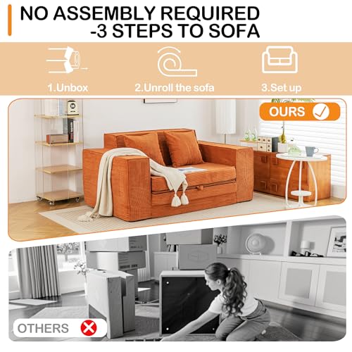 HOMREST 76" Convertible Memory Foam 3-seat Sofa, Pull Out Sleeper Sofa Bed, 2 in 1 Folding Couch Bed, Fold Out Floor Couch Corduroy Fabric with 3 Pillows for Living Room Bedroom Lounge (Grey)