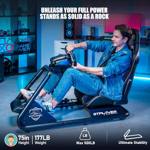 GTPLAYER Racing Simulator Cockpit with Seat and Bluetooth Speakers, Racing Style Reclining Seat and Ultra-Sturdy Alloy Steel Frame, A/B Box (Blue)