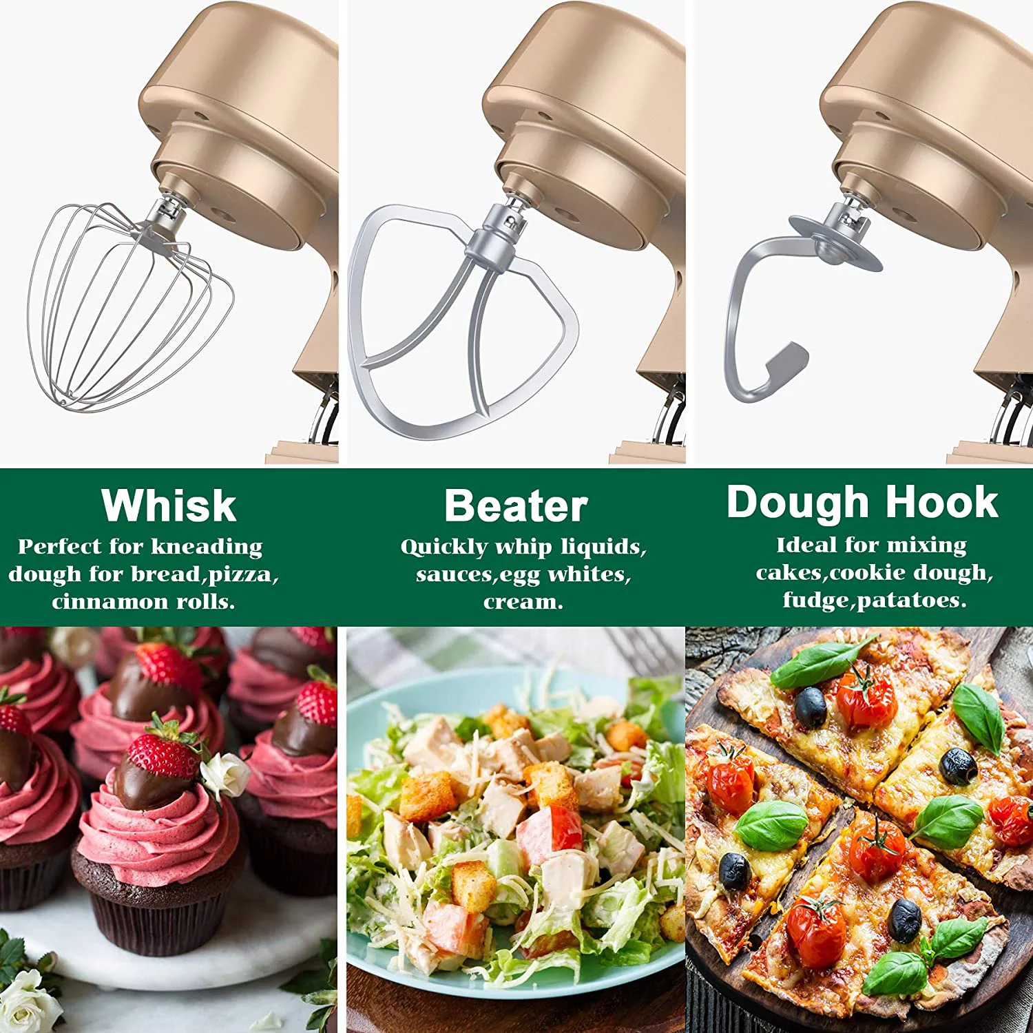 Kuccu Stand Mixer, 8.5 Qt 660W, 6-Speed Tilt-Head Food Dough Mixer, Electric Kitchen Mixer with Dough Hook, Flat Beater & Wire Whisk, Mixing Bowl (8.5-QT, Gold)