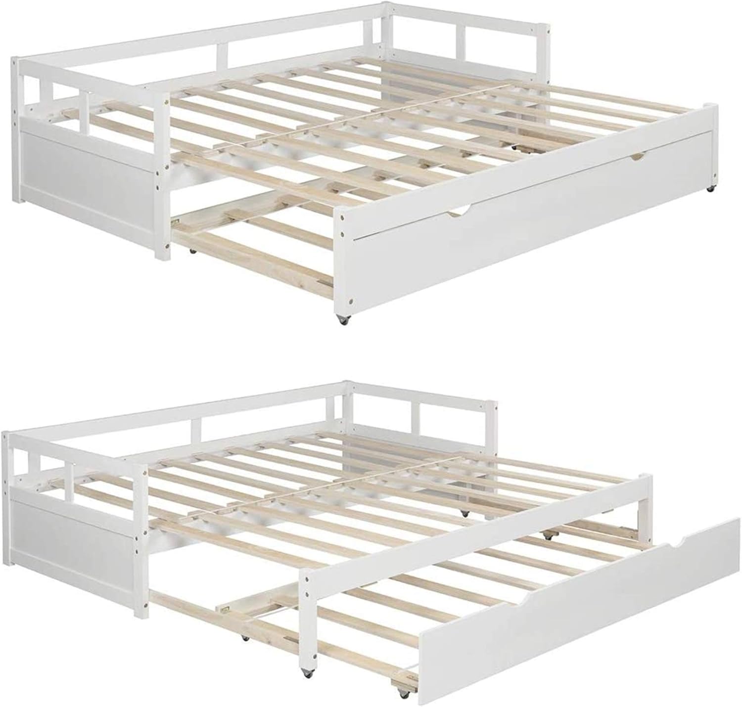 MERITLINE Daybed with Trundle,Twin to King Trundle Bed Extendable Design, Wooden Daybed/Sofa Bed for Bedroom Living Room,No Box Spring Needed,White