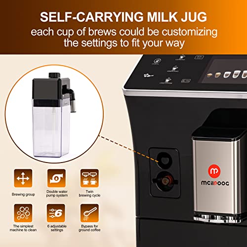 Mcilpoog Super Automatic Espresso Coffee Machine,Fully Automatic Espresso Machine With Grinder, Easy To Use Touch Screen Coffee Maker with Milk Frother.16 Coffee Recipes.(WS-203 Silver)