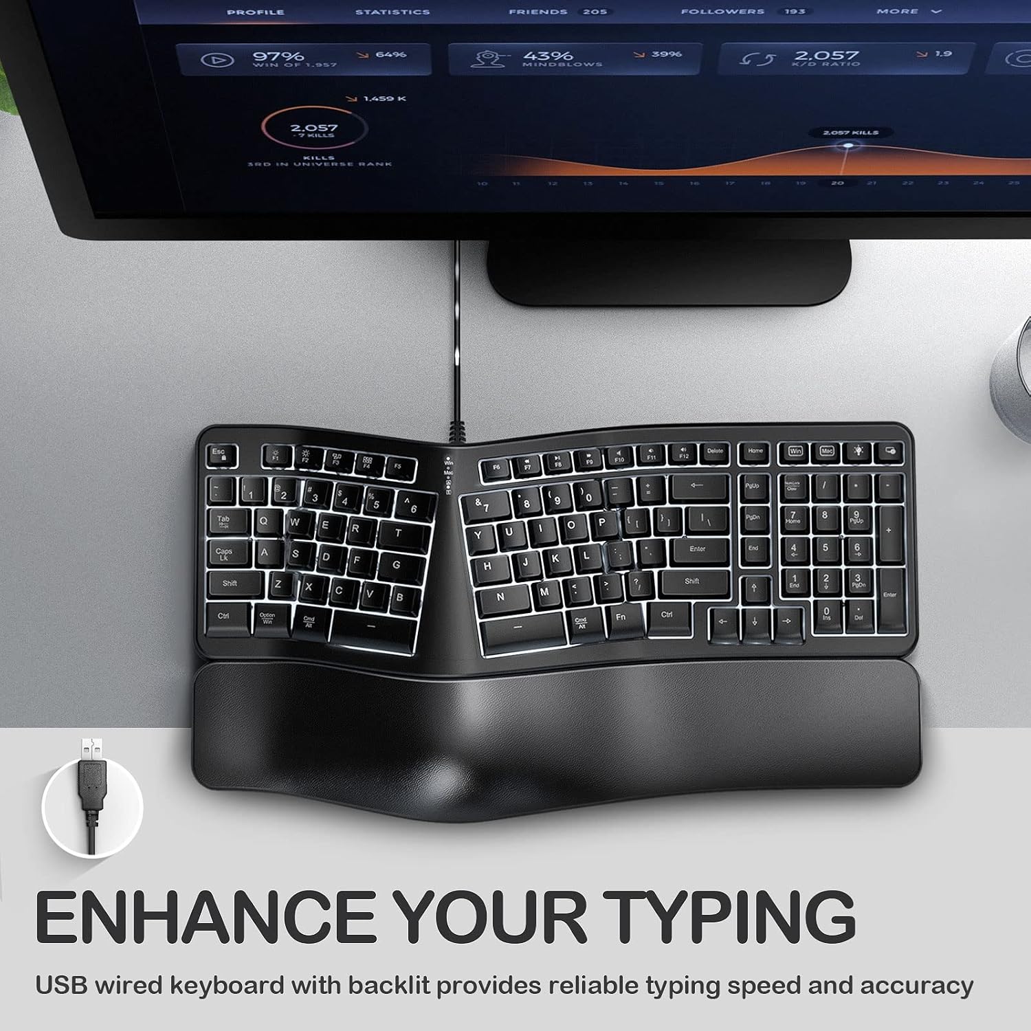 Backlit Wired Ergonomic Keyboard USB Split Keyboard with Wrist Rest and Comfortable Typing, 104 Keys, 10 Shortcuts, 5.2ft USB Cable for Windows, Mac and Laptop PC Computer