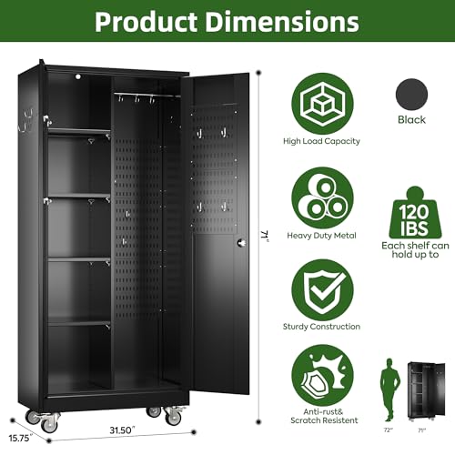 73" H Metal Storage Cabinet with Wheels, Garage Storage Cabinet with 4 Adjustable Shelves and Lockable Doors for Garage Home Office Utility Room,Required Assembly,Black