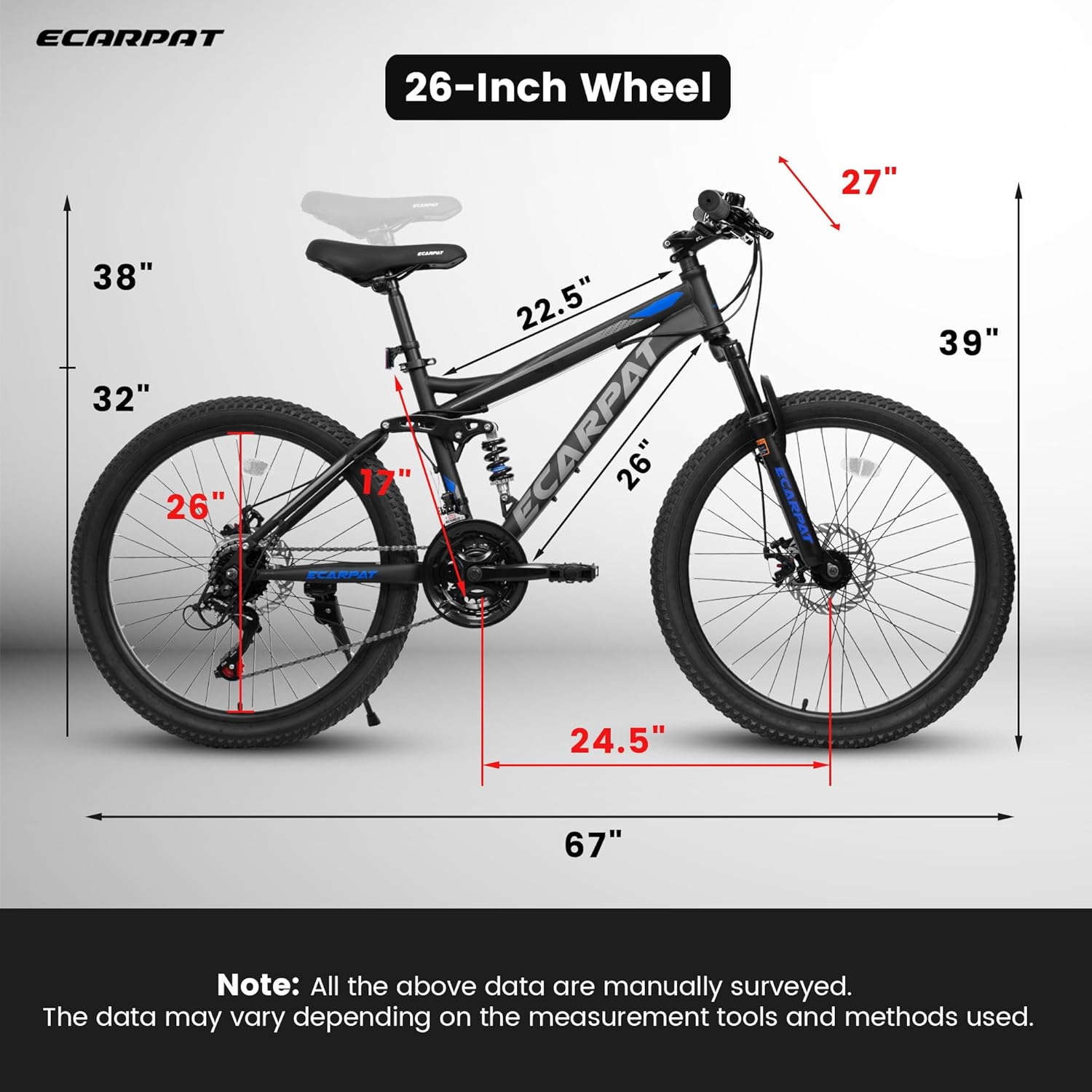 Full Dual Suspension 26 Inch Mountain Bike, 21-Speed Disc Brake, Front Fork Rear Shock Absorber Carbon Steel Frame Mountain Bike, Mens Womens Trail Commuter City Bicycles