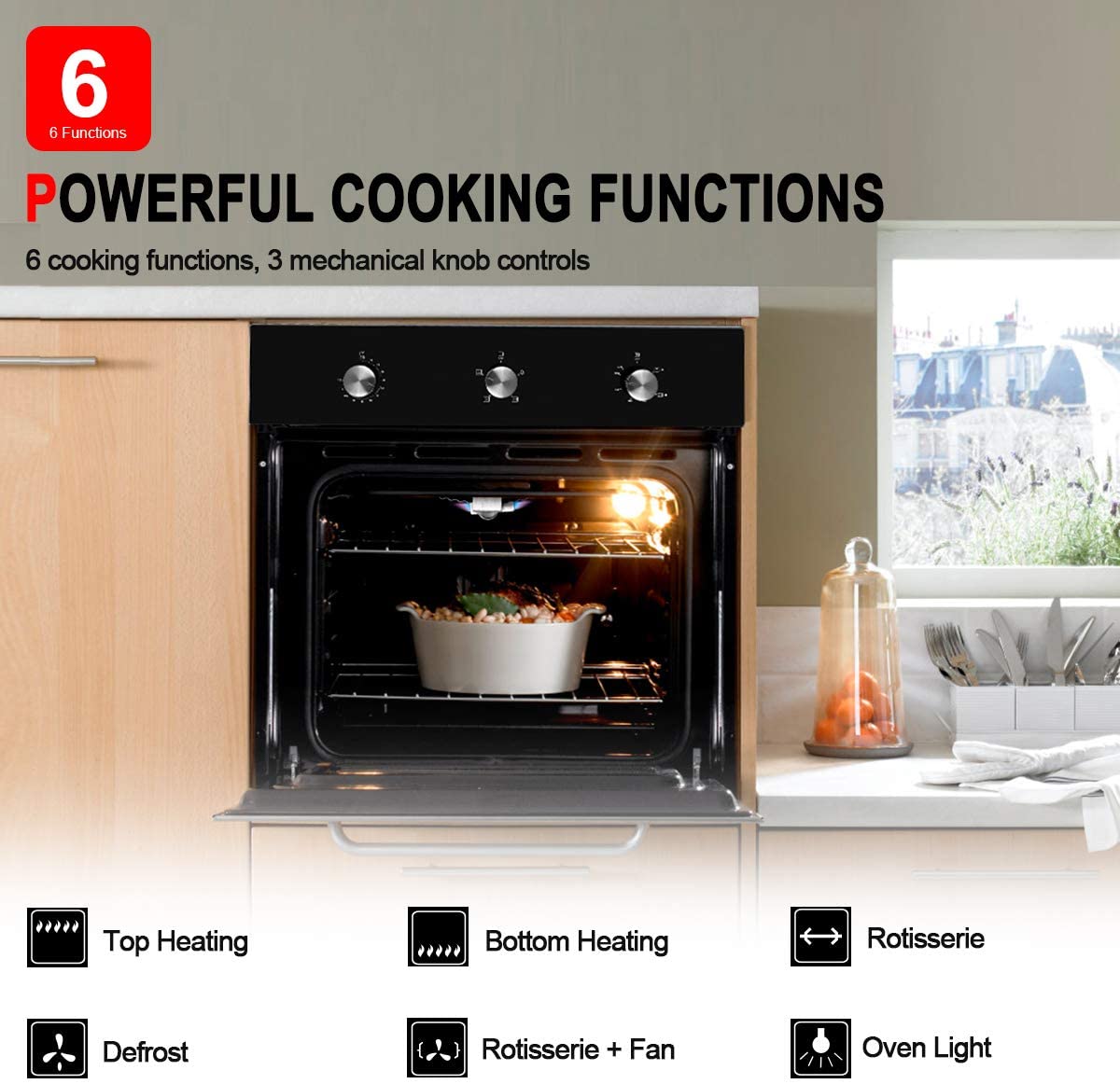 Single Wall Oven, GASLAND Chef GS606MB 24" Built-in 6 Cooking Function Single Wall Gas Oven, Mechanical Knob Control Gas Wall Oven
