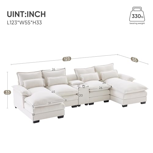 123" Modern U Shaped Sofa Cloud Couch with Console，Sectional Sofa Couch for Living Room with Cupholders and USB Ports，Chenille 4 Seat Modular with Chaise(White)