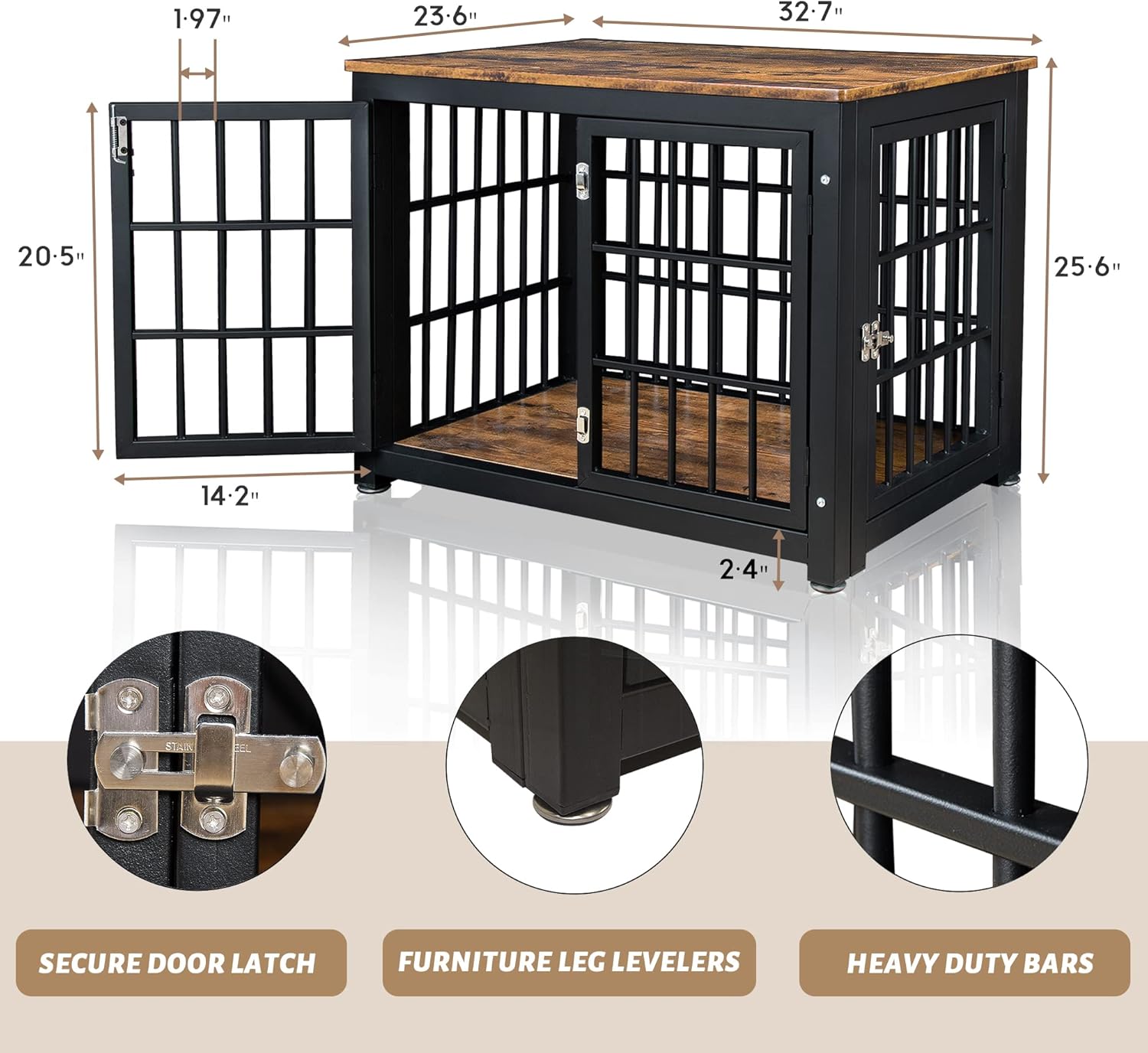 TADASA 32'' Wood Dog Crate Furniture, Decorative Small to Medium Dog Kennel with Double Doors, Wooden Indoor Heavy Duty Dog Cage End Table with Leg Levelers, Rustic Brown and Black